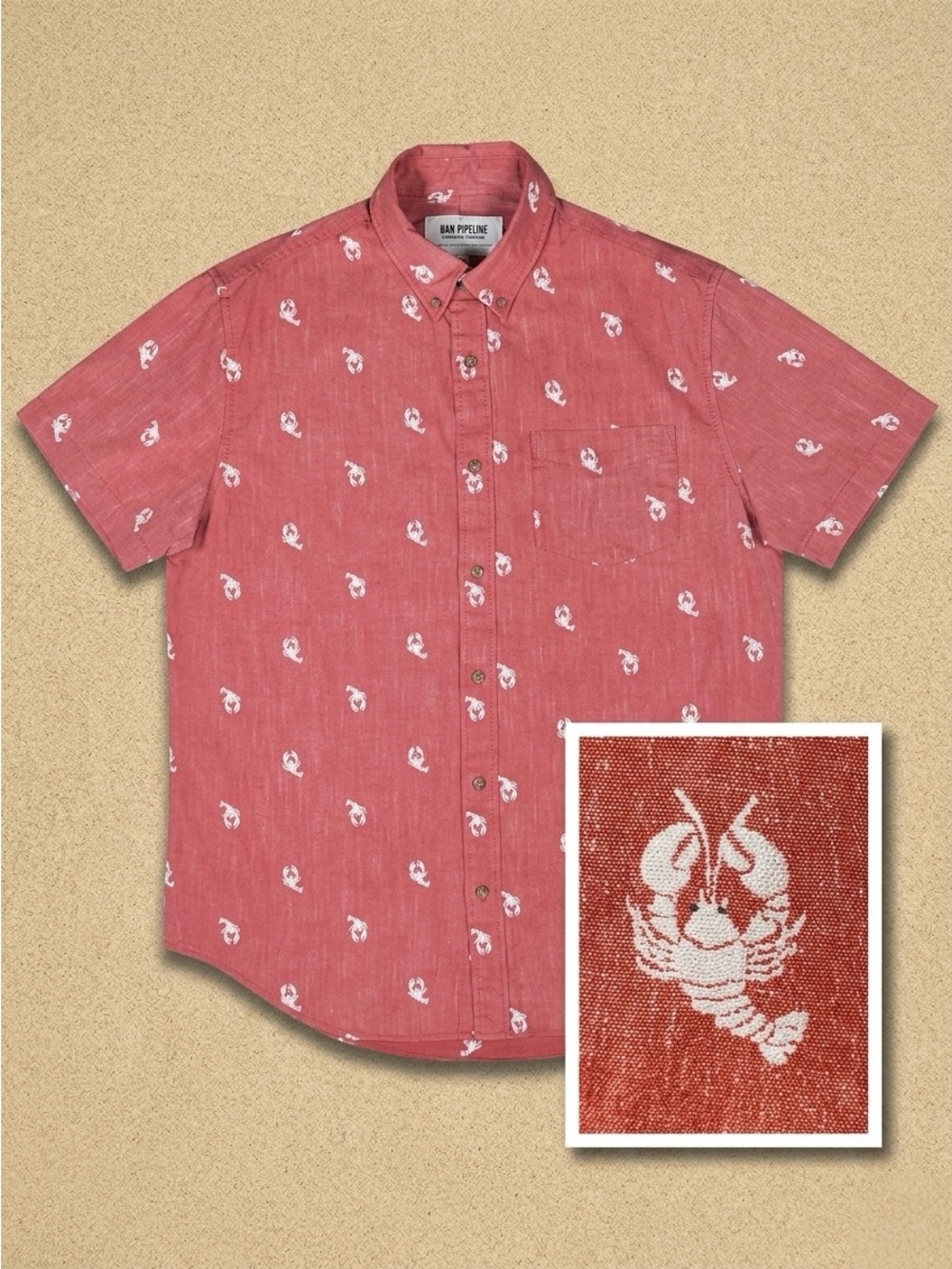 Urban Pipeline Shirt Red White Lobster Print Short Sleeve 100% Cotton Coastal M